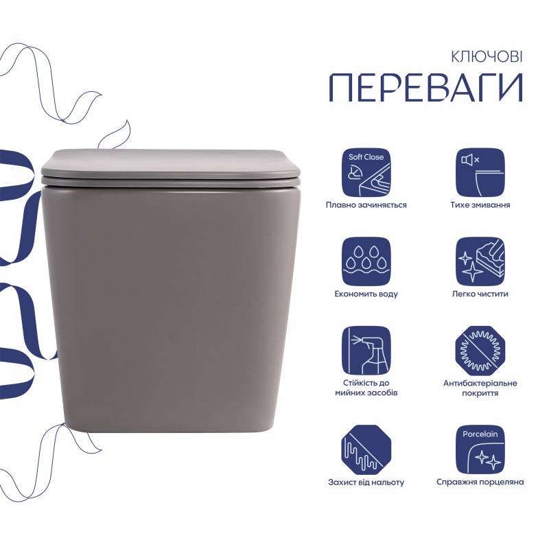 Унітаз підвісний Qtap Tern Ultra Quiet 520×345×325 мм, Stone grey, з сидінням Slim Duroplast / Soft-close / Quick Release QTTER26SG49000 — фото 3
