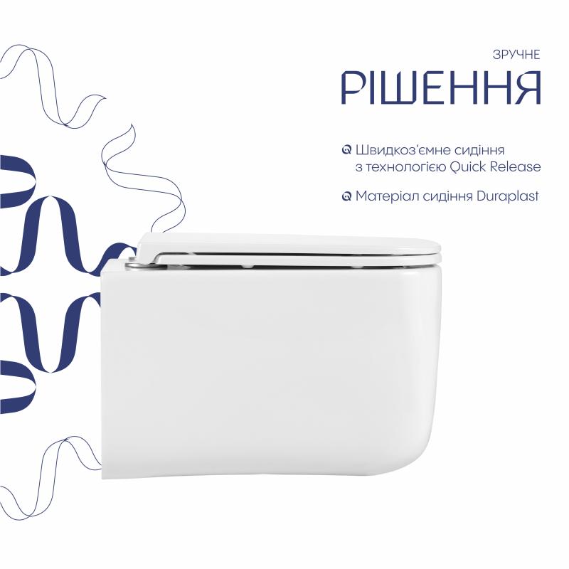 Унітаз підвісний Qtap Gemini Ultra Quiet 485×340×350 мм, White, з сидінням Slim Duroplast / Soft-close / Quick Release QTTAU26W49119 — фото 4