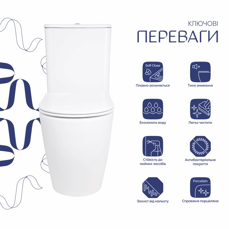 Унітаз підлоговий Qtap Evia Ultra Quiet 630×350×795 мм з сидінням Soft-close, White QTEVI27W49258 — фото 3