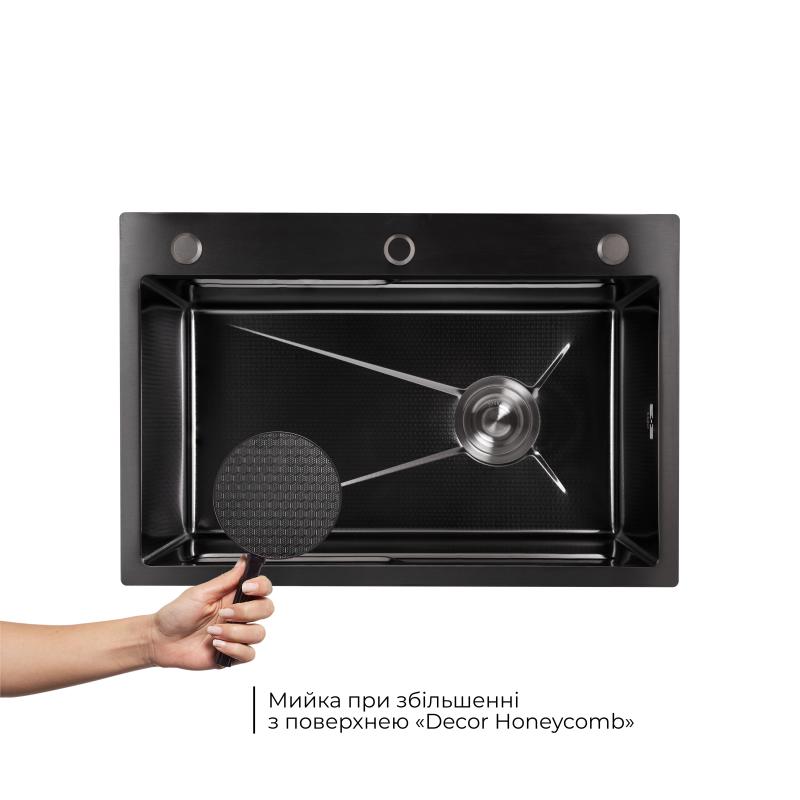 Мийка для кухні інтегрована Lidz Handmade H6845HB Decor Black PVD Honeycomb 3,0/1,0 мм LDH6845HDECBLM49445 — фото 4