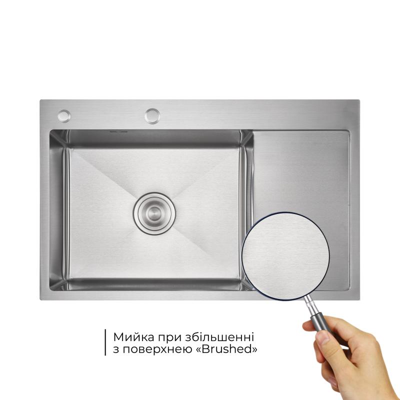 Мийка для кухні інтегрована Lidz Handmade Max 500 H7849R Brushed Steel, 3,0/1,0 мм, крило праворуч, збільшена чаша LDH7849RBRU49464 — фото 3