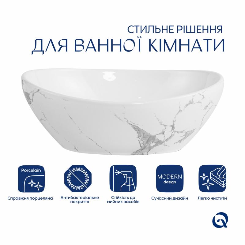 Раковина накладна Qtap Dove 415x340x140 мм, Marble, овальна, з донним клапаном QTDOV188SB49785 — фото 3