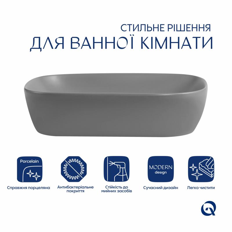 Раковина накладна Qtap Robin 600x390x150 мм, Stone grey, прямокутна, з донним клапаном QTROB188SG49786 — фото 3