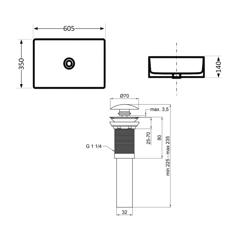 Раковина накладна Qtap Tern 610x350x135 мм, Stone grey, прямокутна, з донним клапаном QTTER188SG49789 — фото 2