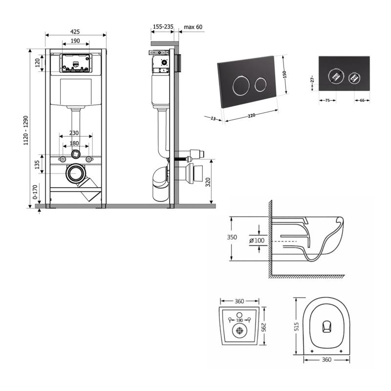 Готове рішення Qtap для ванної кімнати: підвісний унітаз Taurus Ultra Quiet 515×360×350 + комплект інсталяції Nest 4 в 1 (кругла клавіша Matt Black) — фото 2