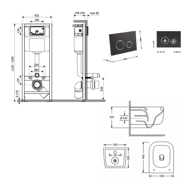 Готове рішення Qtap для ванної кімнати: підвісний унітаз Gemini Ultra Quiet 485×340×350 + комплект інсталяції Nest 4 в 1 (кругла клавіша Matt Black) — фото 2