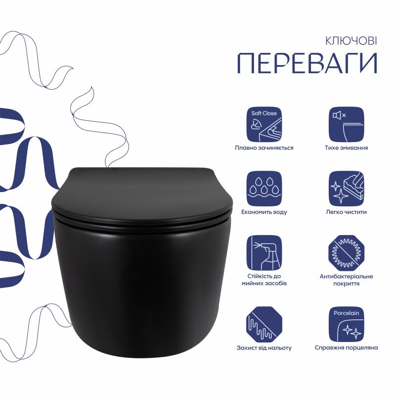 Унітаз підвісний Qtap Taurus Ultra Quiet 515×360×350 мм, Matt Black, з сидінням Slim Duroplast / Soft-close / Quick Release QTTAU28BLM50504 — фото 3