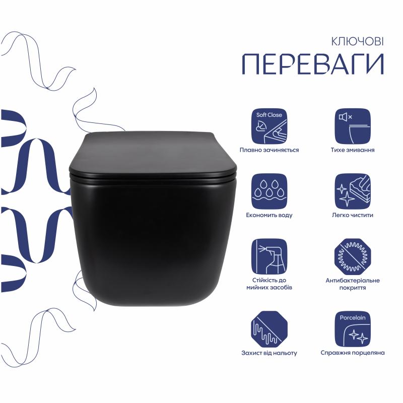 Унітаз підвісний Qtap Gemini Ultra Quiet 485×340×350 мм, Matt Black, з сидінням Slim Duroplast / Soft-close / Quick Release QTGEM28BLM50505 — фото 3