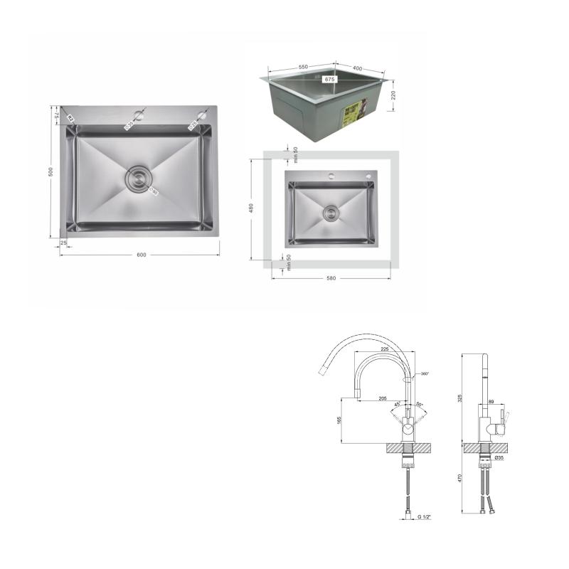 Акційний набір Lidz: мийка H6050H інтегрована Decor Honeycomb 2,5/0,5 мм LDH6050DEC48370 + Змішувач Aria для кухні з гнучким виливом (k35) Grey — фото 2