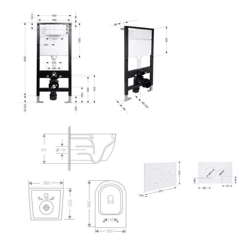 Готове рішення Qtap для ванної кімнати: підвісний унітаз Jay Rimless 485x360x320 + комплект інсталяції Standard (кругла клавіша White) — фото 2