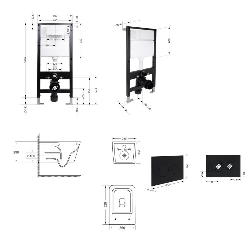 Готове рішення Qtap для ванної кімнати: підвісний унітаз Crow Ultra Quiet 520x360x290 + комплект інсталяції Standard (кругла клавіша Black) — фото 2