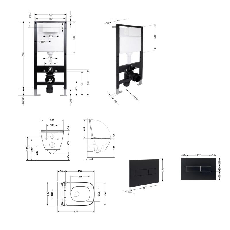 Готове рішення Qtap для ванної кімнати: підвісний унітаз Crow Rimless 520x360x290 + комплект інсталяції Standard (лінійна клавіша Black) — фото 2